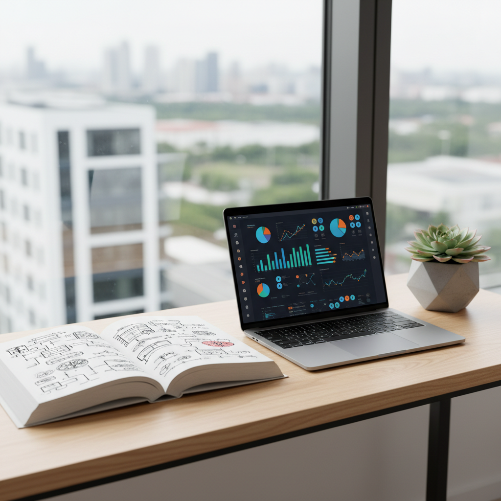 A modern study corner with a light birch desk positioned under a large window showing a softly blurred cityscape. On the desk, an open hardcover book displays detailed, full-page diagrams and illustrations with no readable text, while a slim laptop beside it shows a colorful, abstract dashboard of charts, graphs, and icons. A small, geometric concrete planter with a thriving succulent adds organic texture. Bright but diffused daylight fills the space, creating clear, soft shadows and a sense of clarity. Photographed from a slightly elevated, three-quarter angle, the composition leads the eye from book to laptop to window. The mood is optimistic, professional, and exploratory, in a clean, photographic realism style that suggests a dedicated space for discovering interesting ideas and new knowledge.