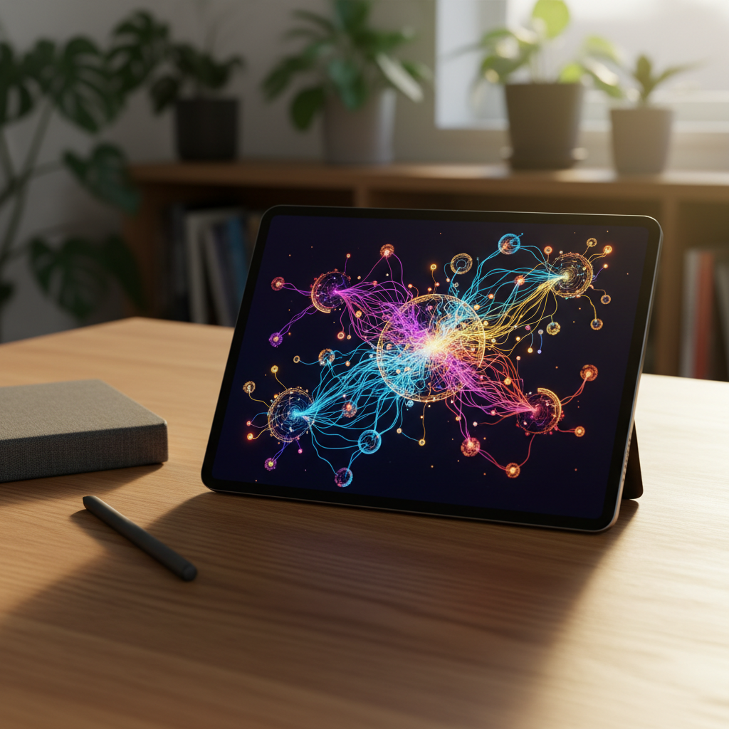 A close-up, photographic shot of a sleek black tablet lying on a natural oak table, its screen displaying a vibrant, abstract visualization of knowledge: colorful, branching lines, circular clusters, and glowing nodes, all without any legible text. Beside the tablet rests a slim, matte-finish stylus and a closed notebook with a textured fabric cover. Warm, golden-hour light streams in from the right, catching the tablet’s glossy edge and creating a gentle reflection on the wood surface. The background is softly blurred, hinting at shelves and plants beyond. Shot from a slightly elevated angle with a shallow depth of field, the mood is dynamic yet focused, conveying the energy of discovering new information in a professional, modern, photographic style.