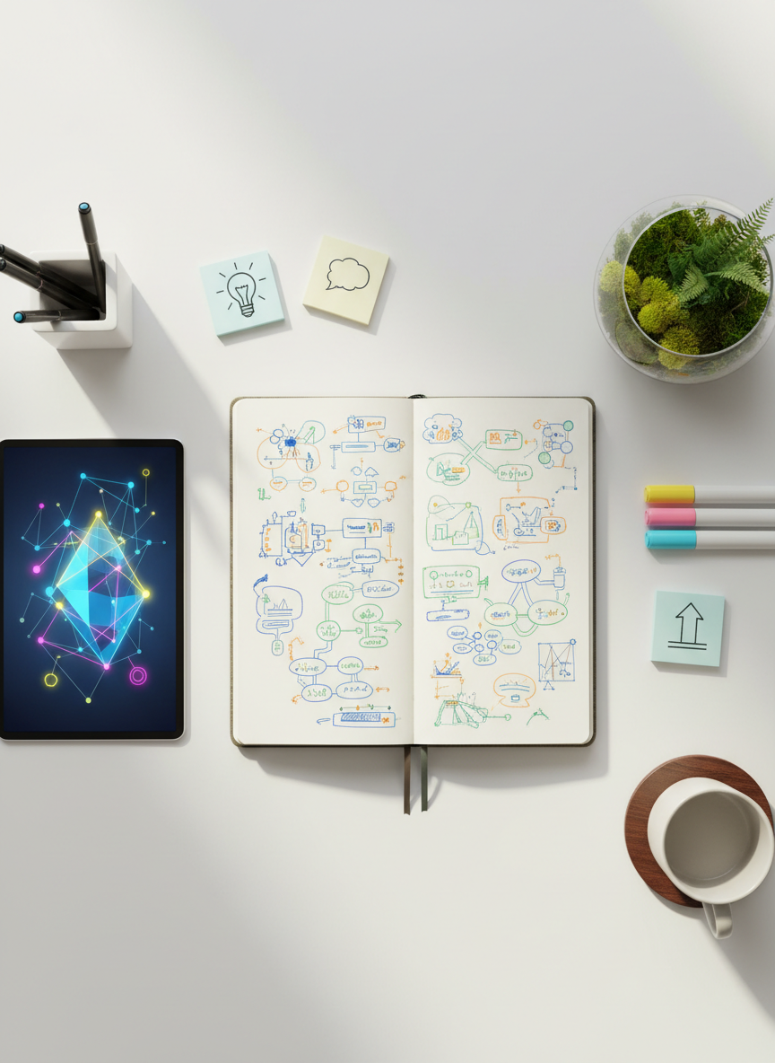 An overhead, photographic view of a tidy workspace featuring an open notebook filled with neat, abstract diagrams and mind maps, all without readable text. A slim tablet displays a colorful, geometric interface of interconnected nodes and shapes, symbolizing new learning and ideas. Scattered around are highlighters, sticky notes with simple icons, and a small glass terrarium with lush green moss. Diffused daylight from an unseen window creates soft, even lighting with minimal shadows, giving the scene a calm, focused atmosphere. The composition uses the rule of thirds, with the notebook as the central anchor and tools radiating outward. The style is clean, modern, and realistic, evoking curiosity, organization, and the excitement of discovering useful information.