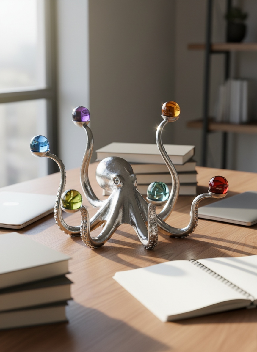 A sleek, silver octopus-shaped metal sculpture with intricately detailed tentacles, each curling around small, glossy orbs symbolizing different ideas, sits at the center of a modern wooden desk. Around it are neatly stacked hardback books with blank spines, a closed laptop, and a spiral notebook open to a blank page. Soft morning light from a nearby window washes across the scene, creating clean highlights on the metal and gentle shadows on the wood grain. Shot at eye level with a shallow depth of field, the sculpture is in crisp focus while the background fades to a soft blur. The mood is calm, intellectual, and quietly inspiring, in a clean, photographic realism style that suggests curiosity and new learning.