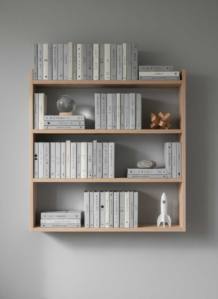 A minimalist bookshelf against a matte light-gray wall, filled with carefully arranged, monochrome books whose spines have only simple symbols and lines instead of text. Interspersed between the books are small objects representing different fields of knowledge: a clear glass globe, a polished wooden puzzle, a tiny model rocket, and a smooth stone engraved with a simple abstract pattern. Soft, indirect afternoon light from the left side creates gentle gradients and subtle shadows on the shelves. Photographed straight on with sharp focus throughout, the composition feels balanced and orderly. The mood is contemplative and professional, suggesting an organized library of new ideas and concepts, rendered in crisp photographic realism with a neutral, modern aesthetic that invites exploration.